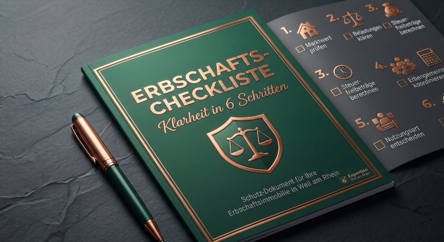 3D-Mockup der Erbschafts-Checkliste als Schutz-Dokument für Erben in Weil am Rhein