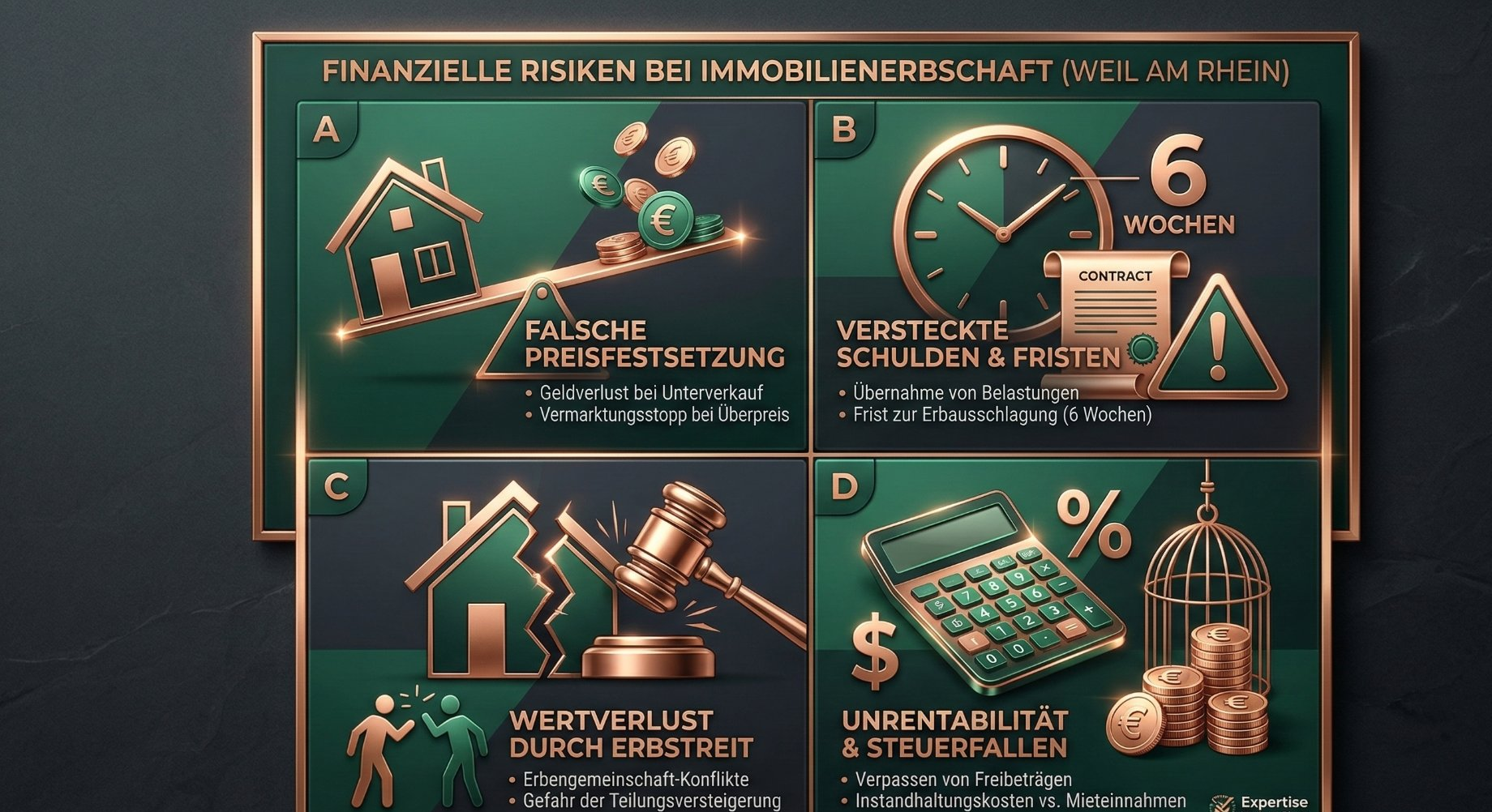 Infografik zu den vier größten finanziellen Risiken beim Erben einer Immobilie in Weil am Rhein: Falscher Preis, Schuldenfristen, Erbstreit und Steuerfallen